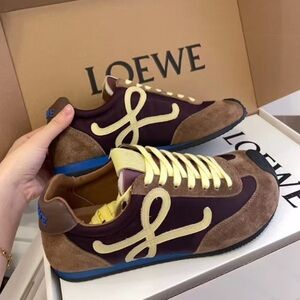 Loewe Brown & Burgundy Suede Panel Sneakers with Yellow Accents